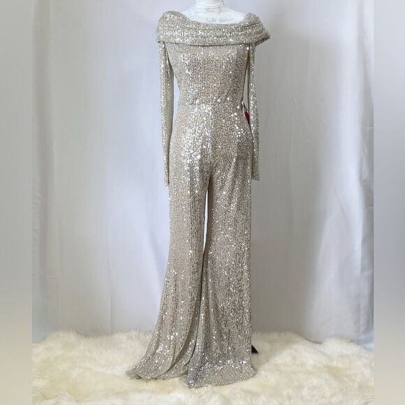 Mac Duggal Ieena Sequin One-Shoulder Long-Sleeve Jumpsuit size 8 - Picture 4 of 11